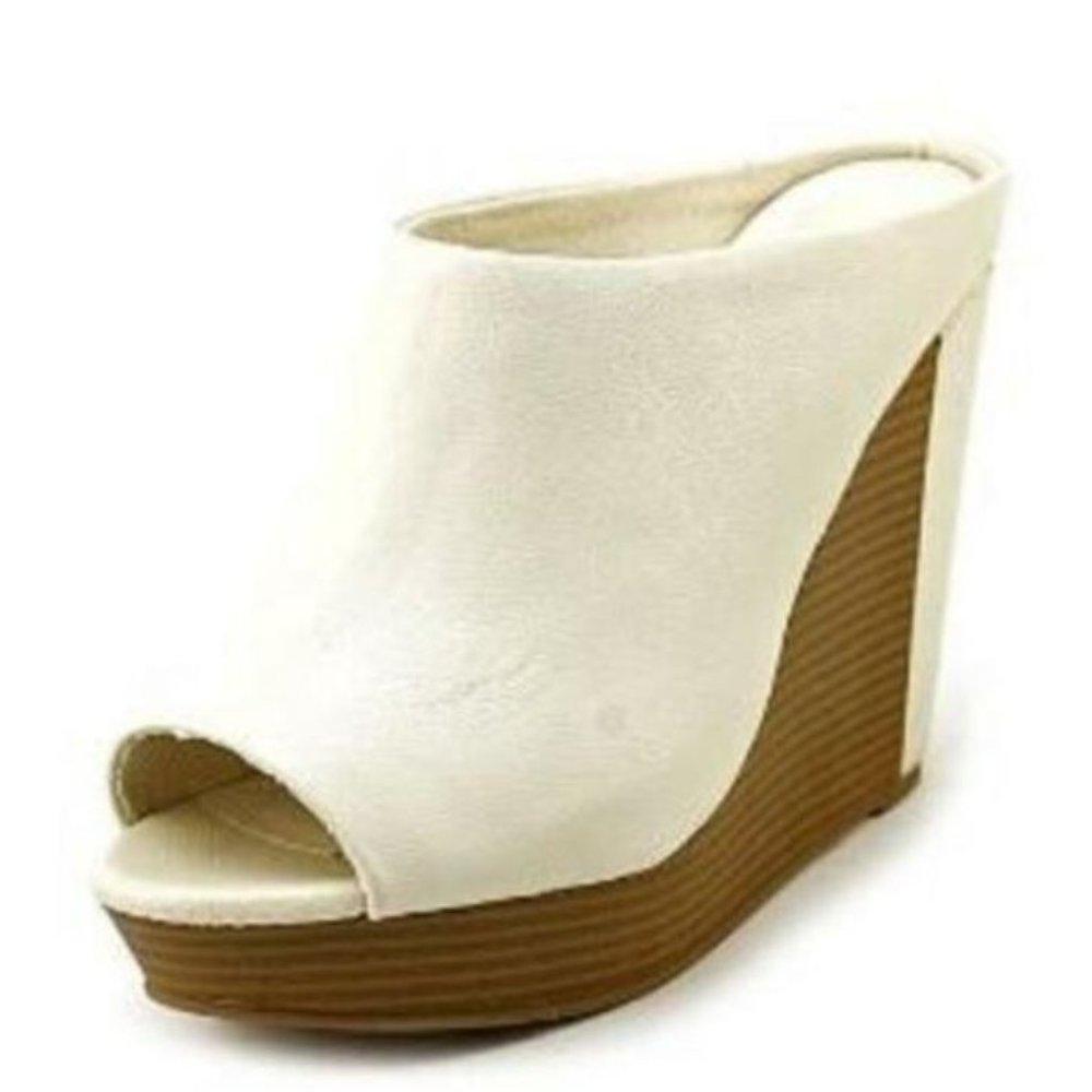 Rock & Republic White Open-Toe Wedge Mules with Brown Wood-Effect Platform